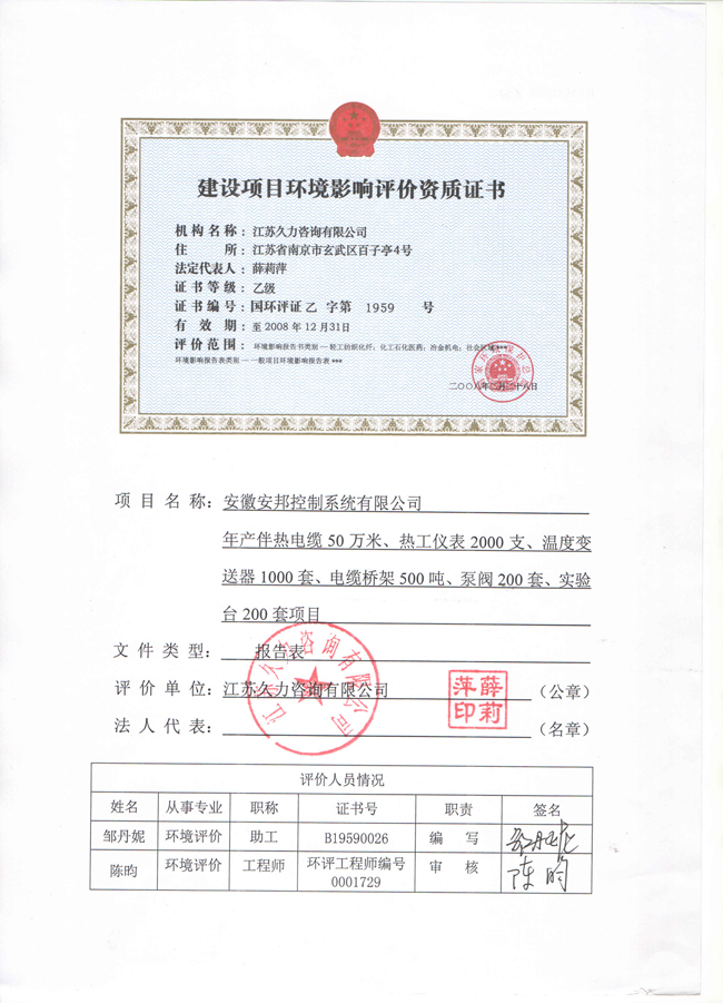 環(huán)境影響評價資質證書